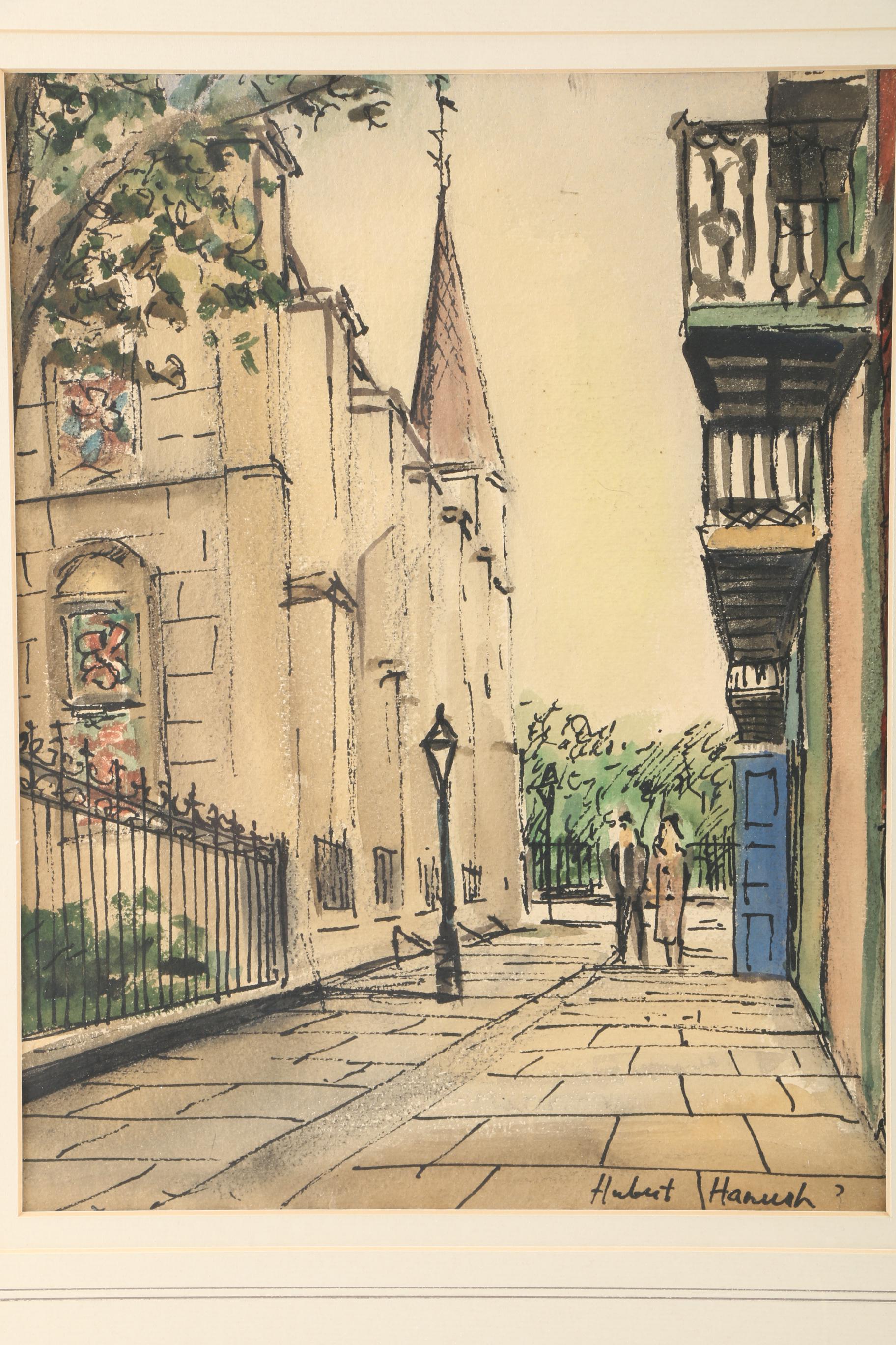 Hubert Hanush Signed Original Watercolor and Ink Drawing