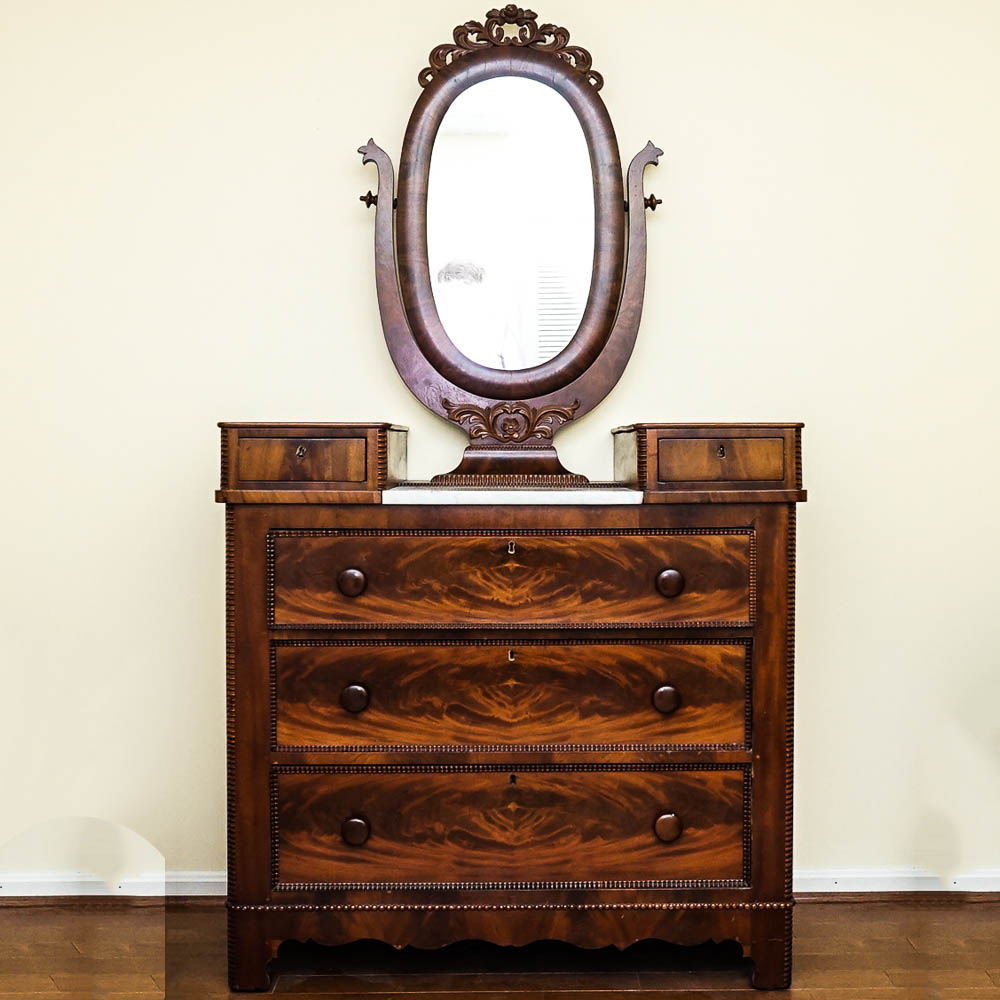 Mid to Late 19th Century Victorian Marble Top Dresser With Mirror