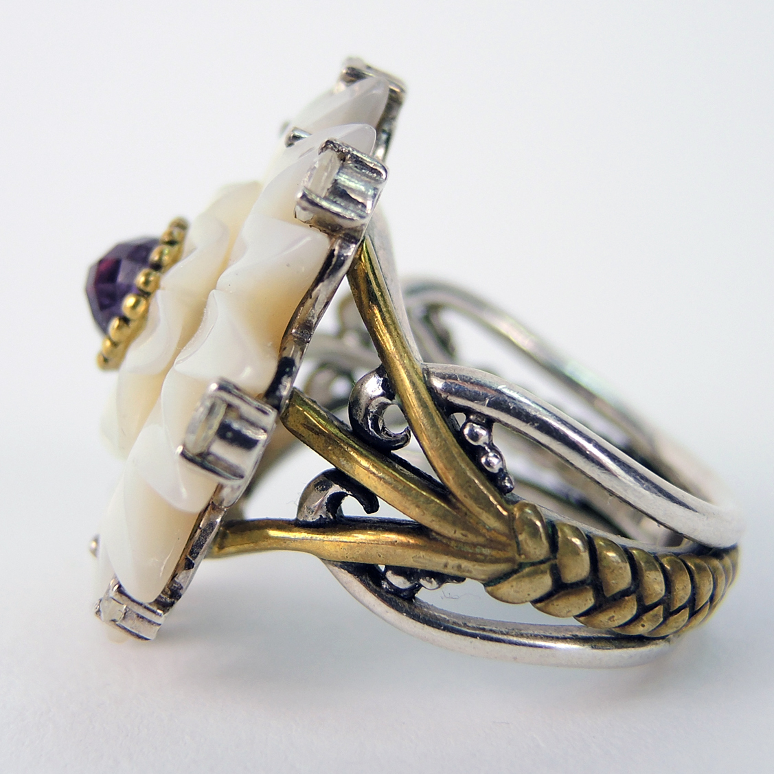 Silver Dream Carved Mother of Pearl Flower Ring