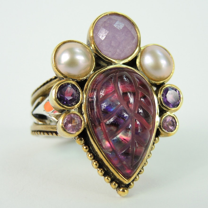 Purple Gemstone Ring with Sterling and Bronze Band