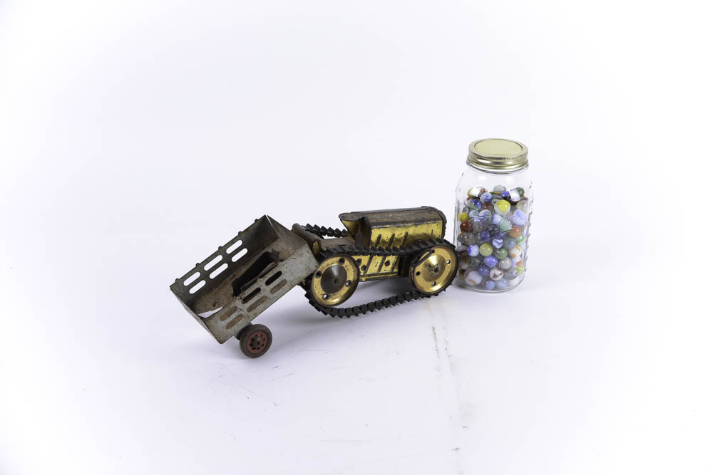 Vintage Glass Marbles and Mechanical Tin Toy Tractor