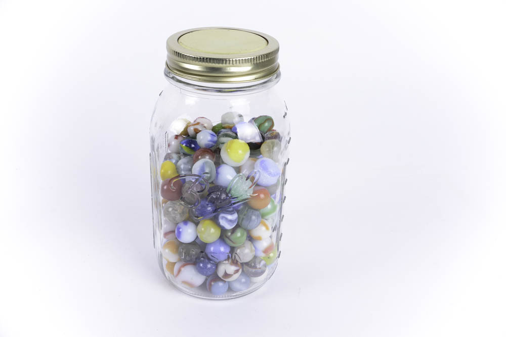 Vintage Glass Marbles and Mechanical Tin Toy Tractor