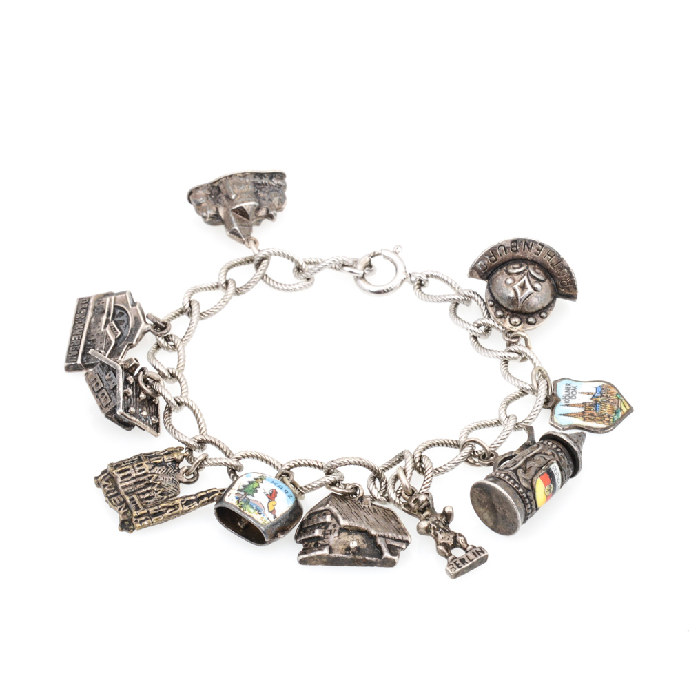 Sterling and 800 Silver Destination Themed Charm Bracelet