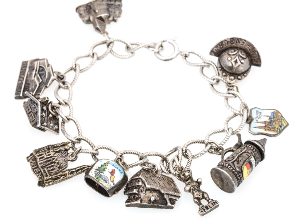 Sterling and 800 Silver Destination Themed Charm Bracelet