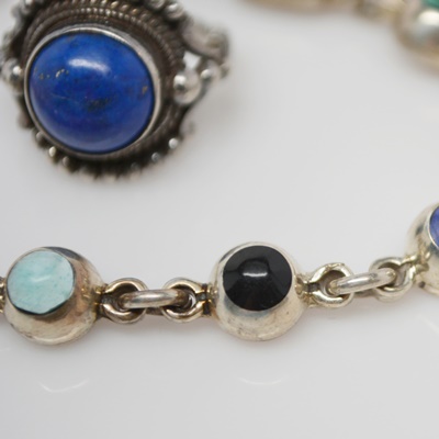 Sterling Silver Lapis Ring and Gemstone Station Bracelet