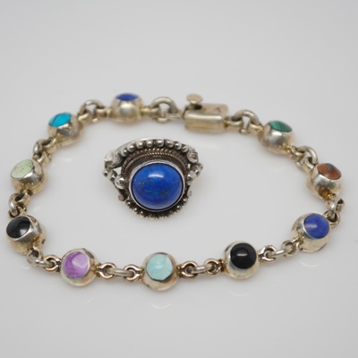 Sterling Silver Lapis Ring and Gemstone Station Bracelet