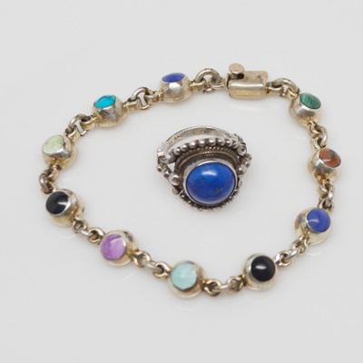 Sterling Silver Lapis Ring and Gemstone Station Bracelet