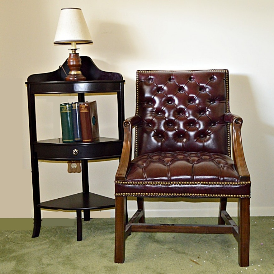 Georgian Style Armchair With Corner Stand, Lamp, and Faux Books