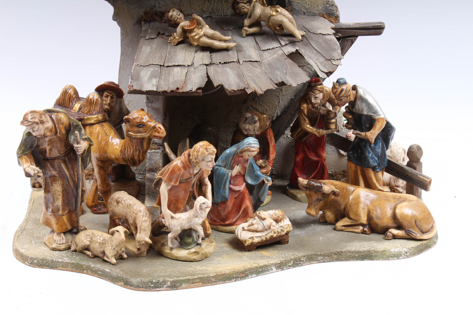 Vintage Carved Painted Wood Nativity