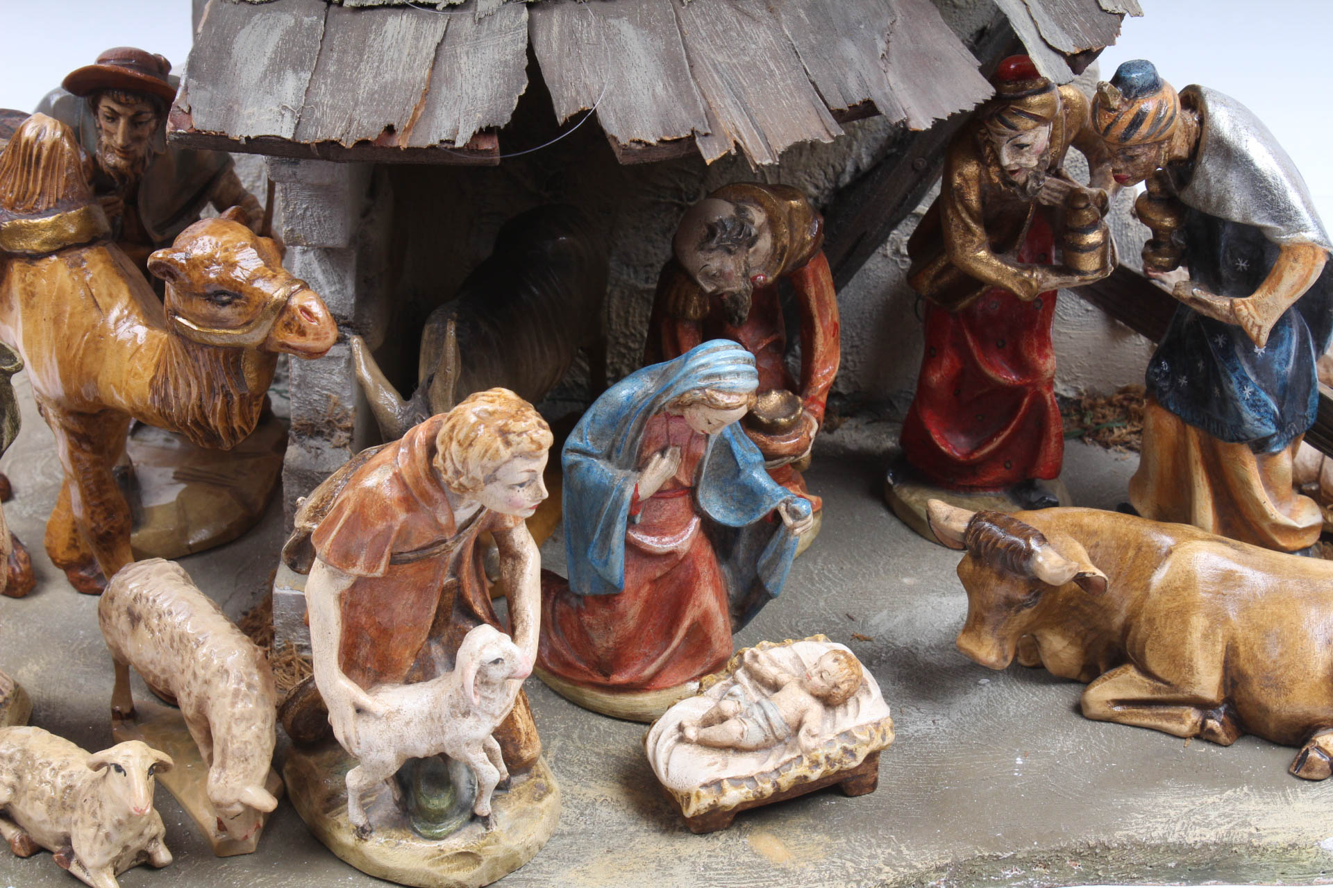Vintage Carved Painted Wood Nativity