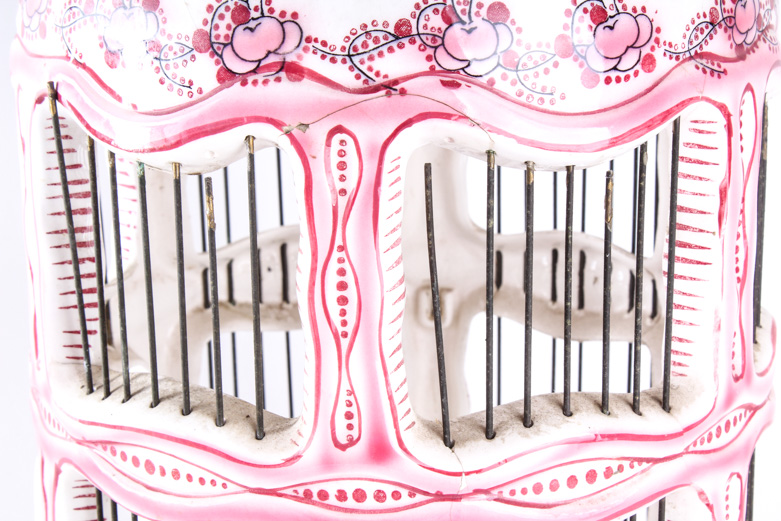 Antique Chinese Porcelain Bird Cage with Ceramic Bird