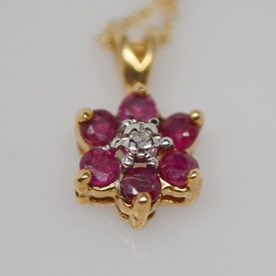 10K Yellow Gold Ruby and Diamond Pendant Necklace