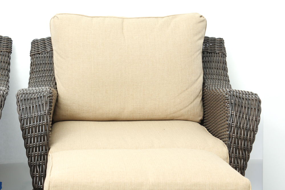 Two Hampton Bay "Woodbury" Wicker Patio Chairs with Ottomans