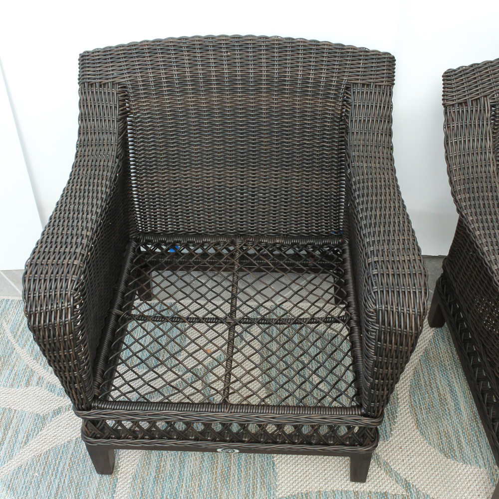 Two Hampton Bay "Woodbury" Wicker Patio Chairs with Ottomans