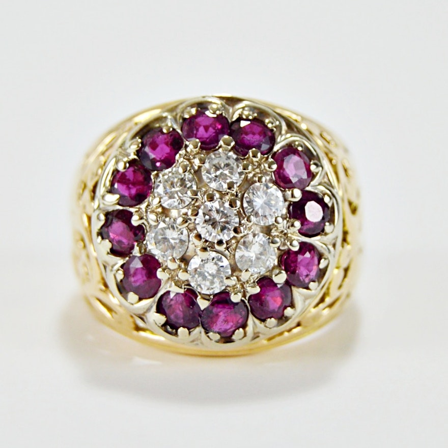 14K Yellow Gold, Ruby and Diamond Cluster Ring