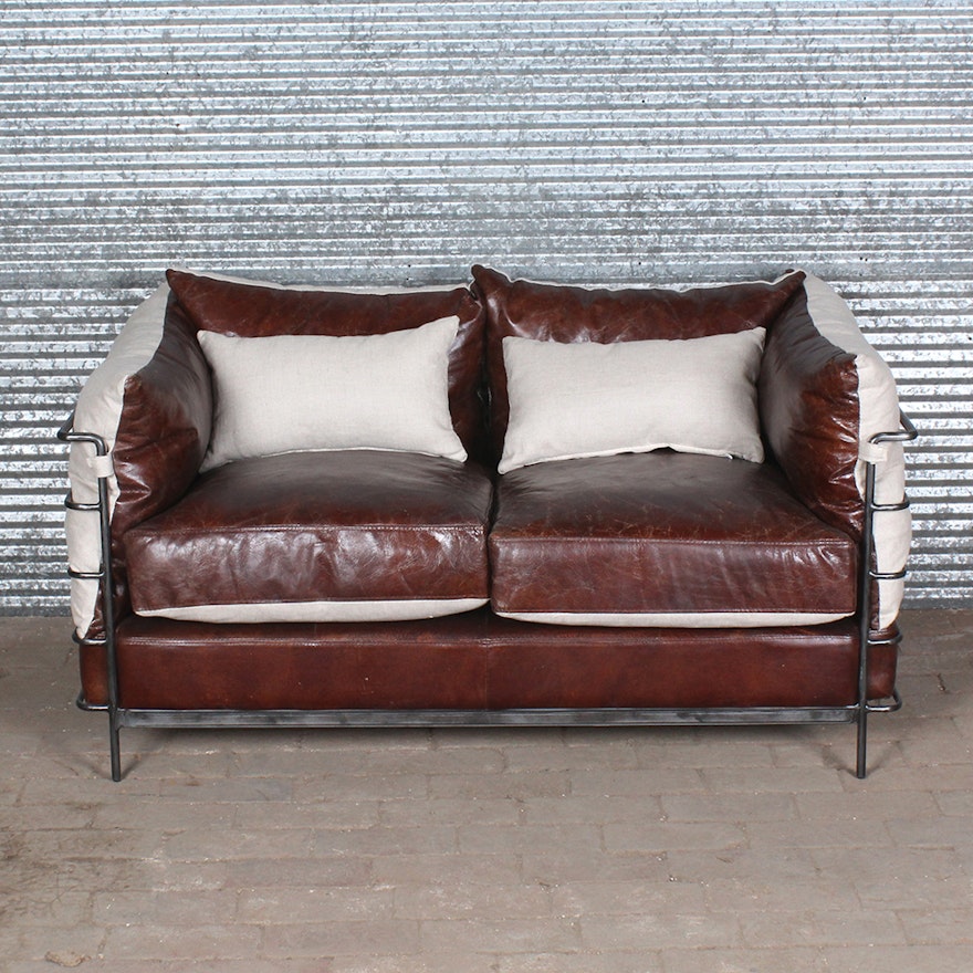 Contemporary Style Loveseat with Leather Cushions