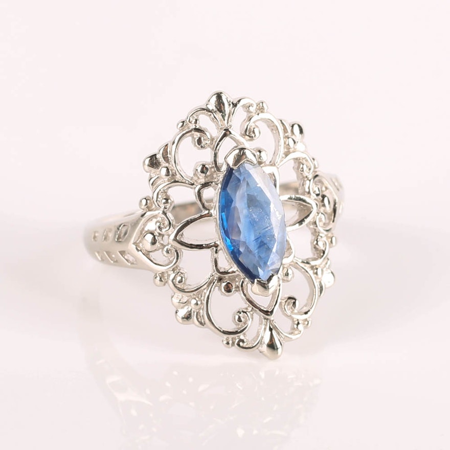Platinum Marquise Sapphire Open Filigree Ring