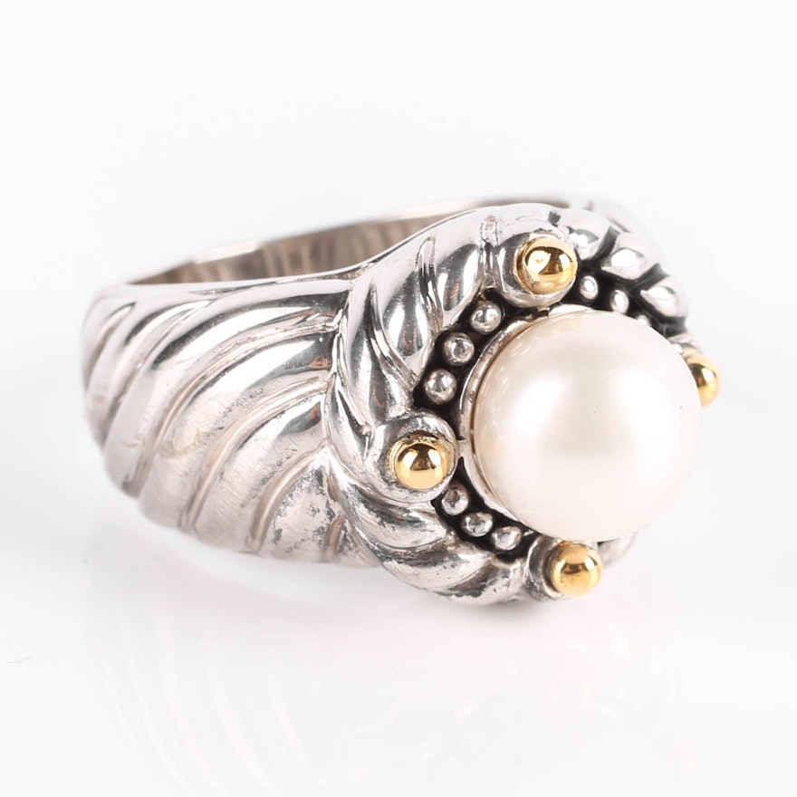 Sterling Silver Freshwater Pearl Ring with 18K Accents