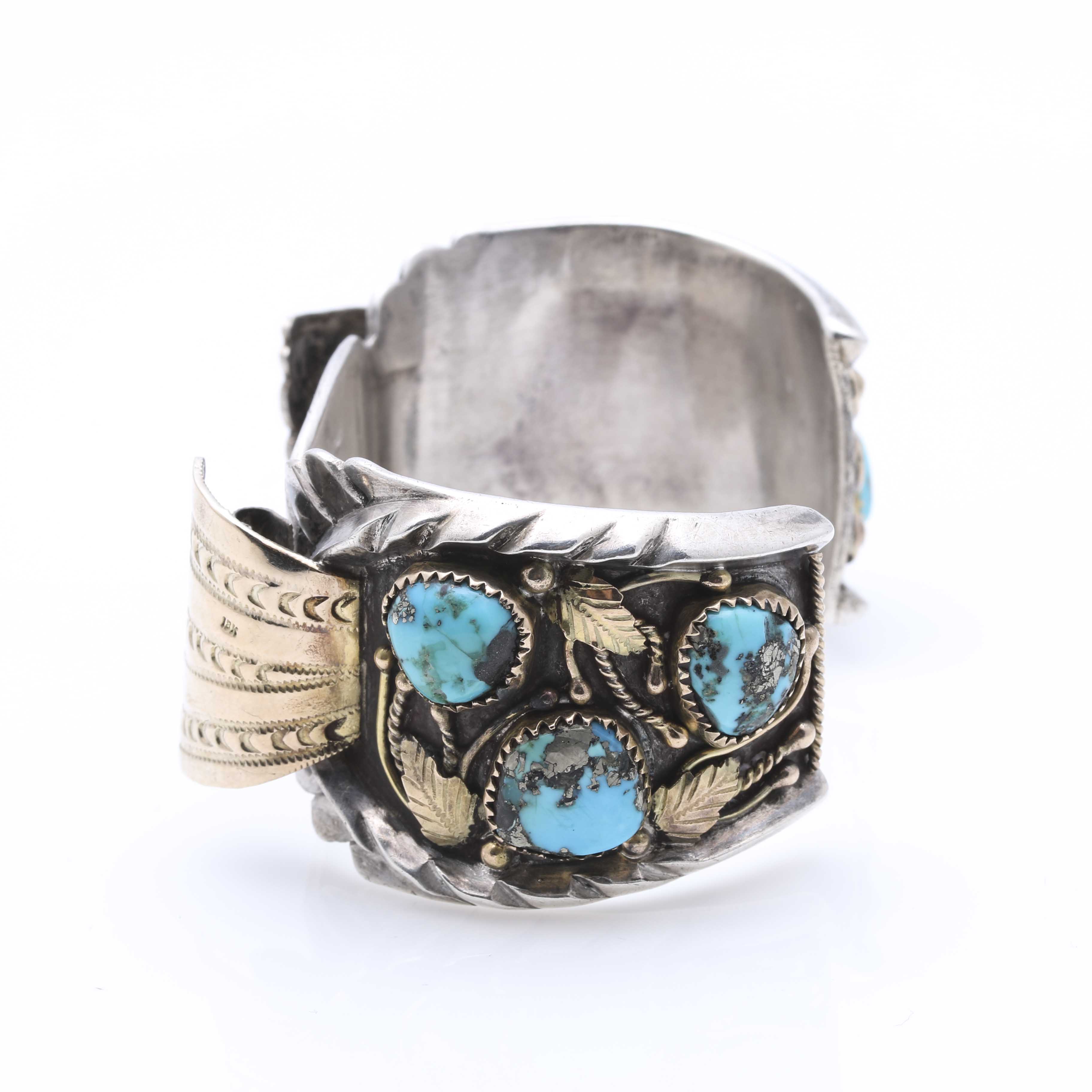 Sterling Silver and 18K Yellow Gold Turquoise Watch Cuff