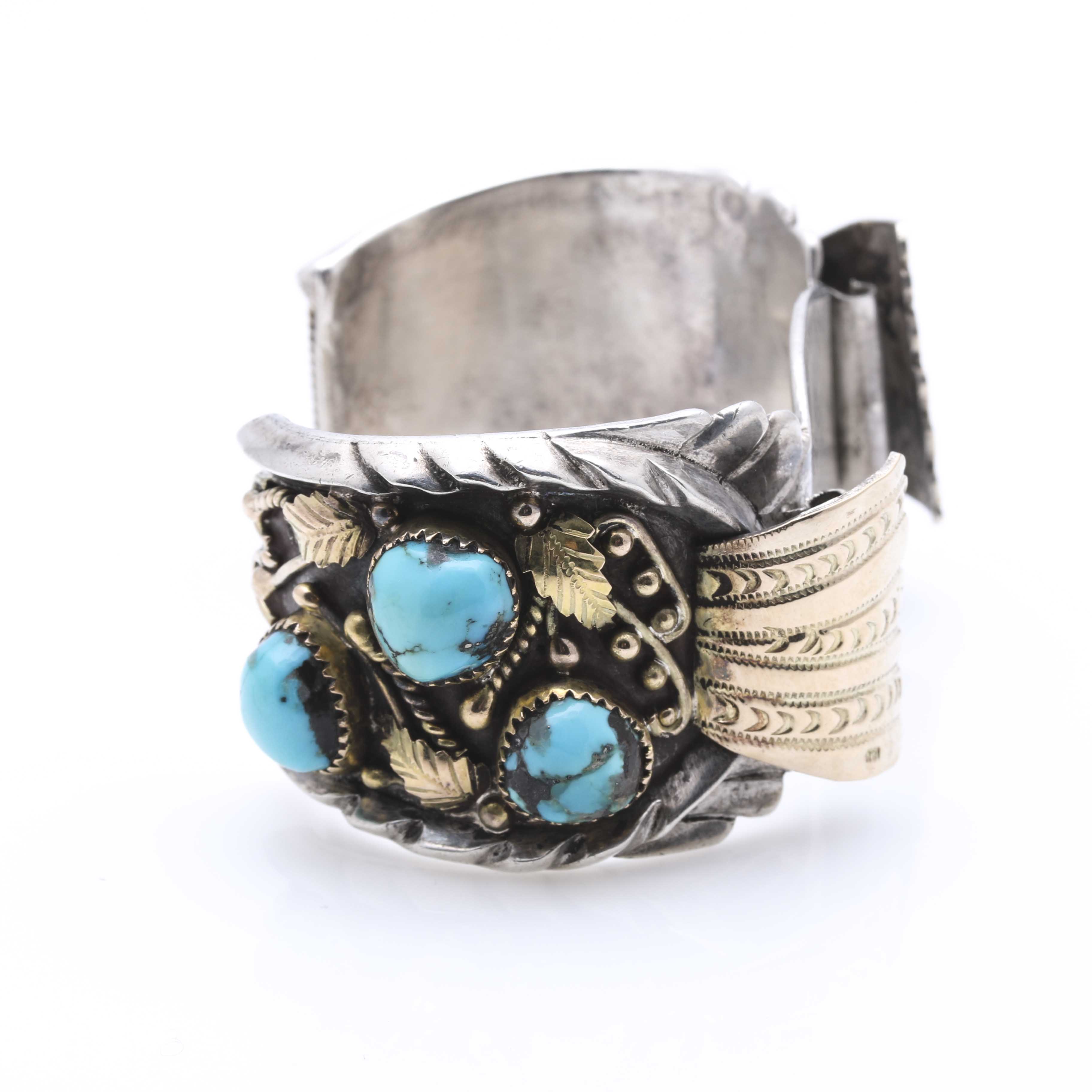 Sterling Silver and 18K Yellow Gold Turquoise Watch Cuff