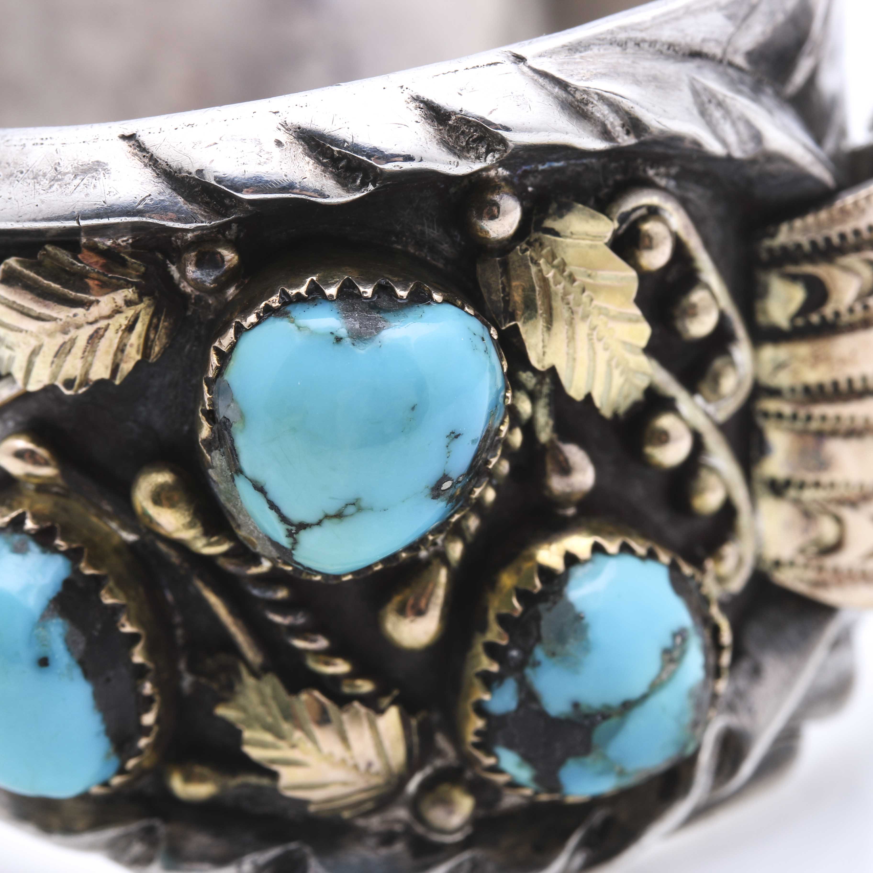 Sterling Silver and 18K Yellow Gold Turquoise Watch Cuff