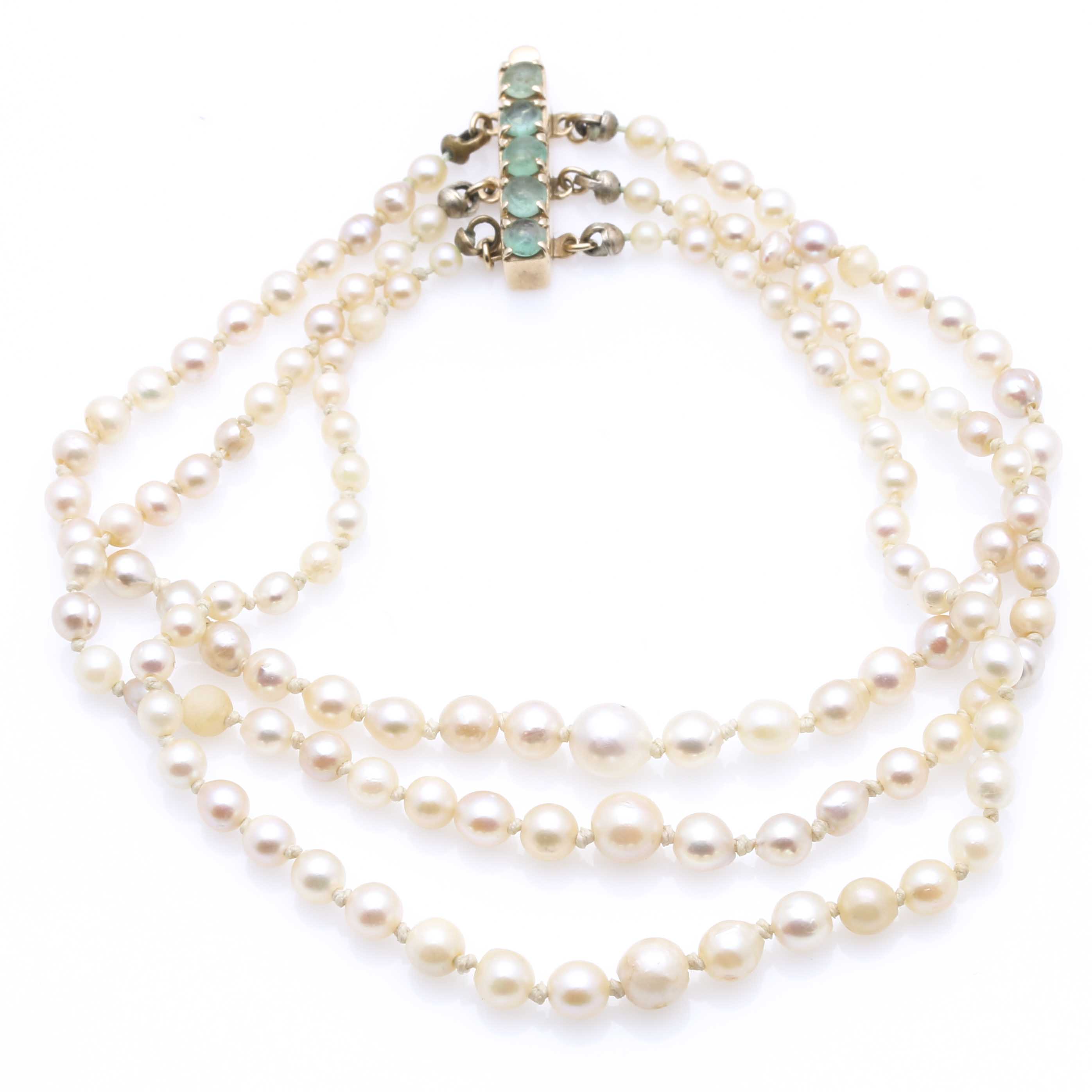 Multi Strand Pearl Bracelet With 14K Yellow Gold Findings and Emeralds