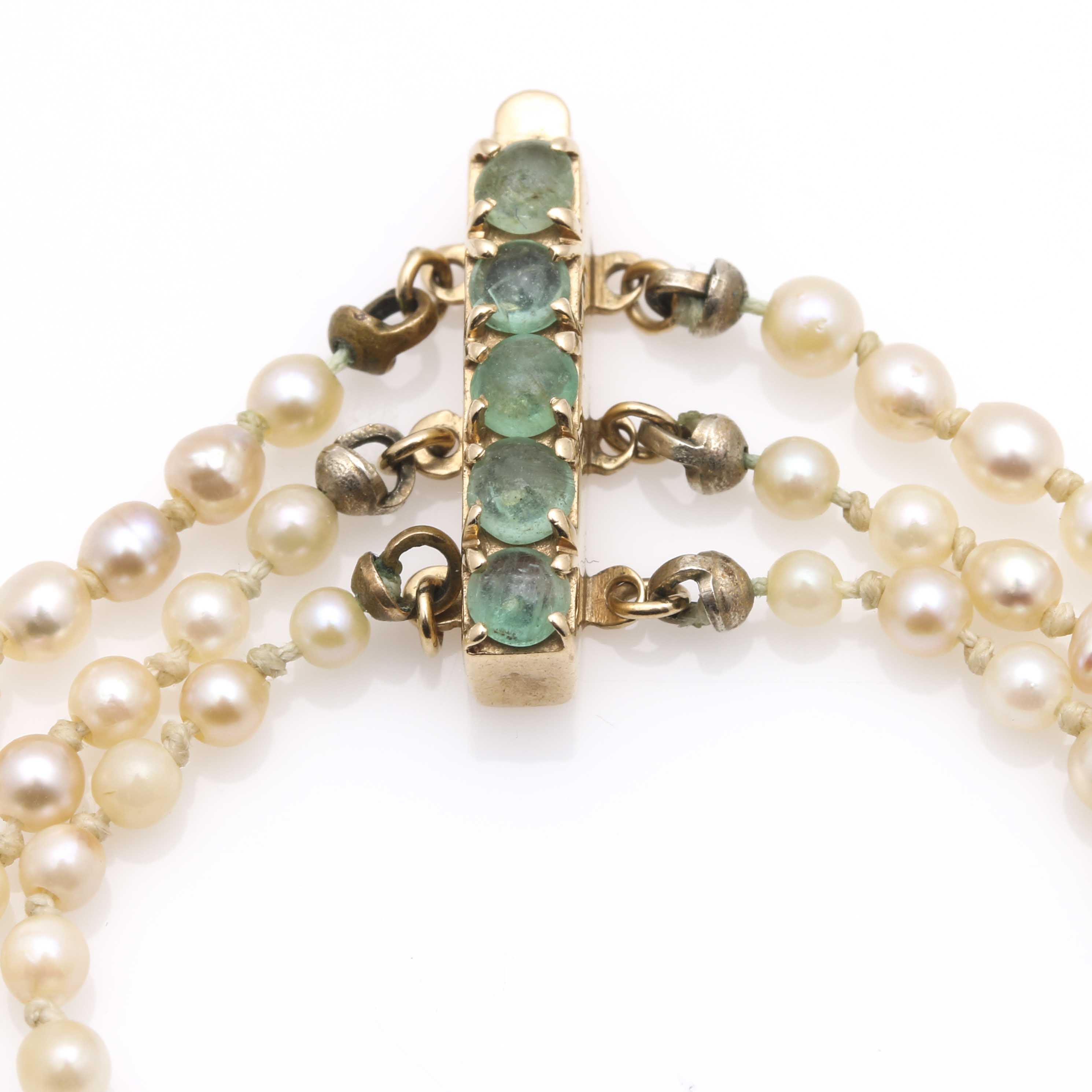 Multi Strand Pearl Bracelet With 14K Yellow Gold Findings and Emeralds
