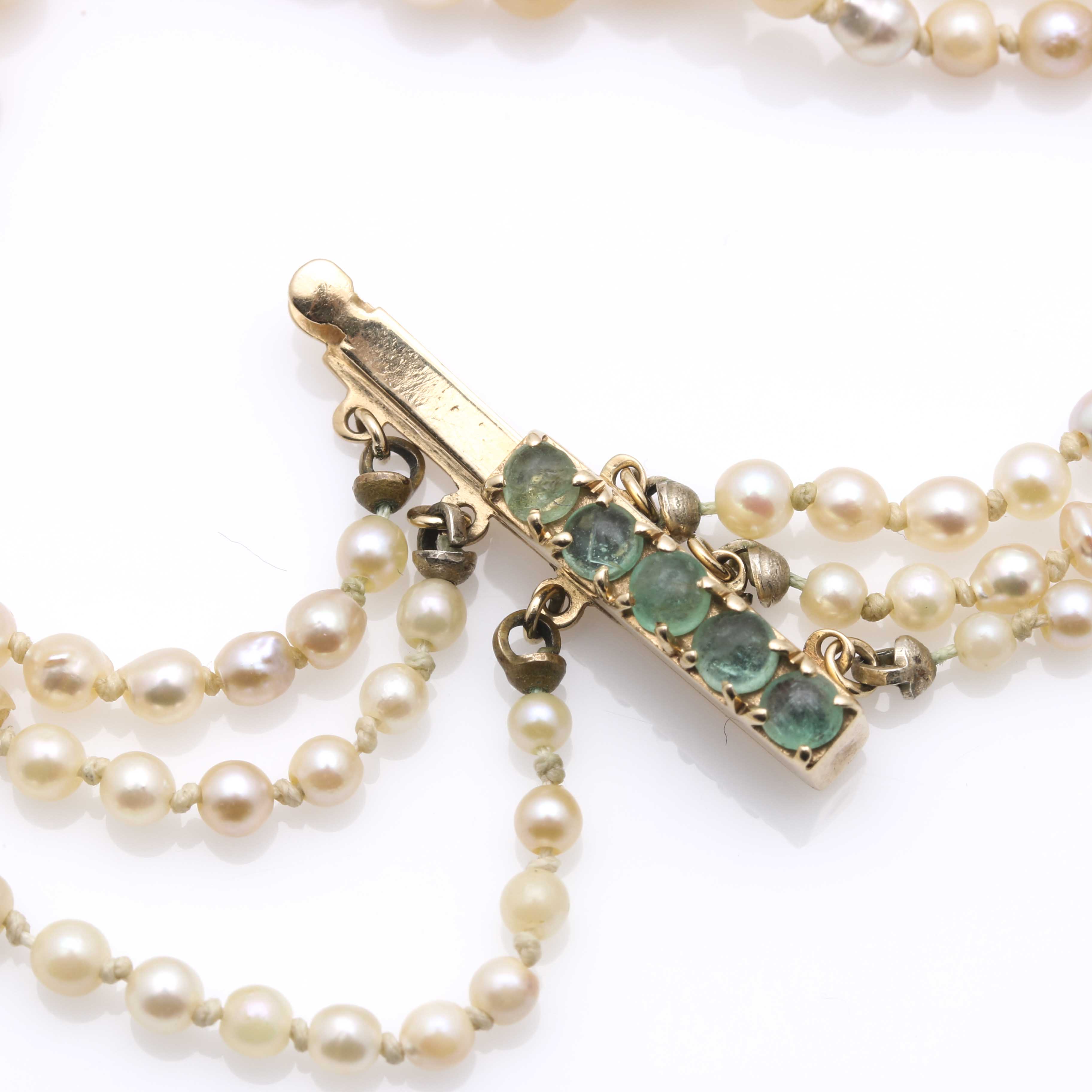 Multi Strand Pearl Bracelet With 14K Yellow Gold Findings and Emeralds