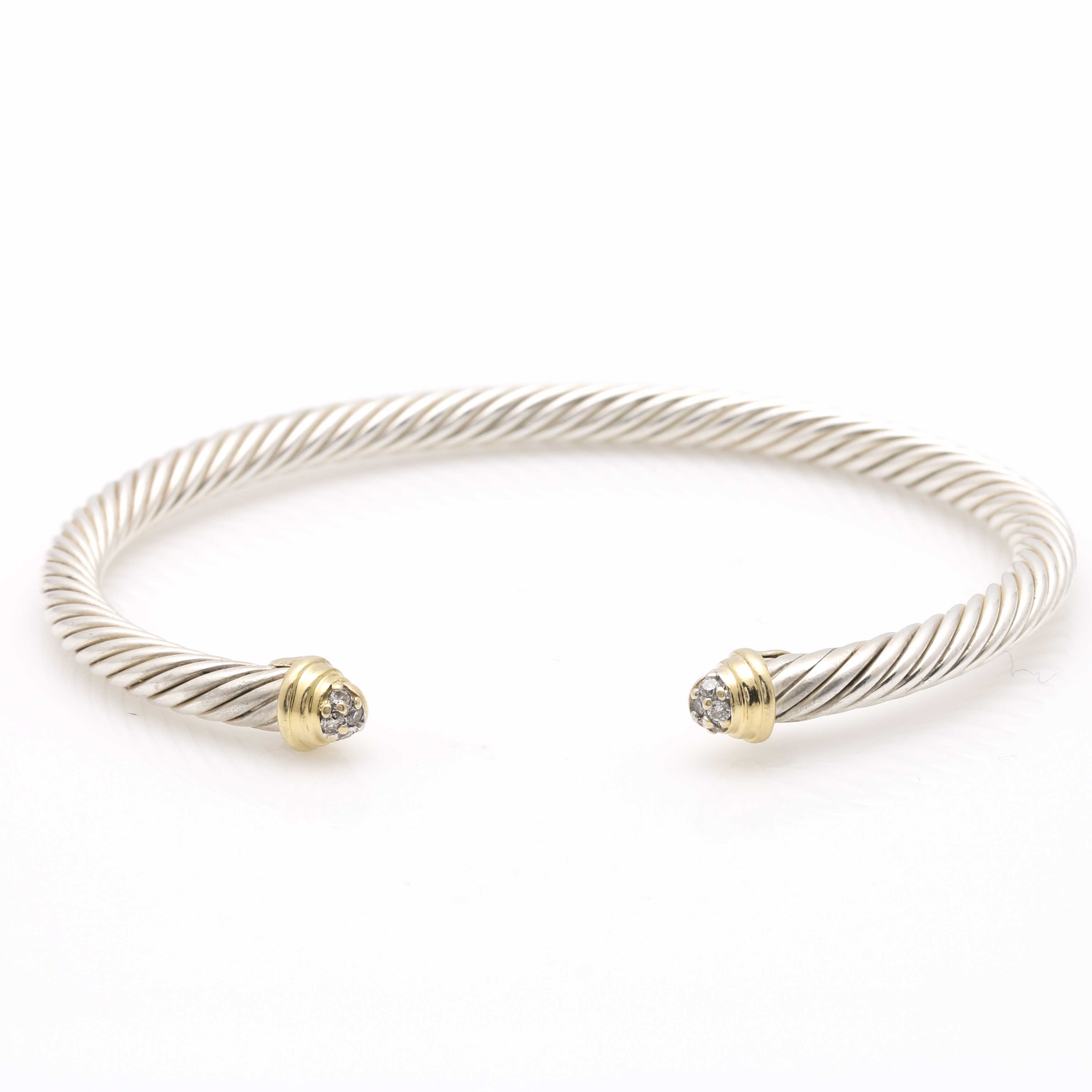 David Yurman Sterling Silver and 18K Yellow Gold Diamond Cable Cuff