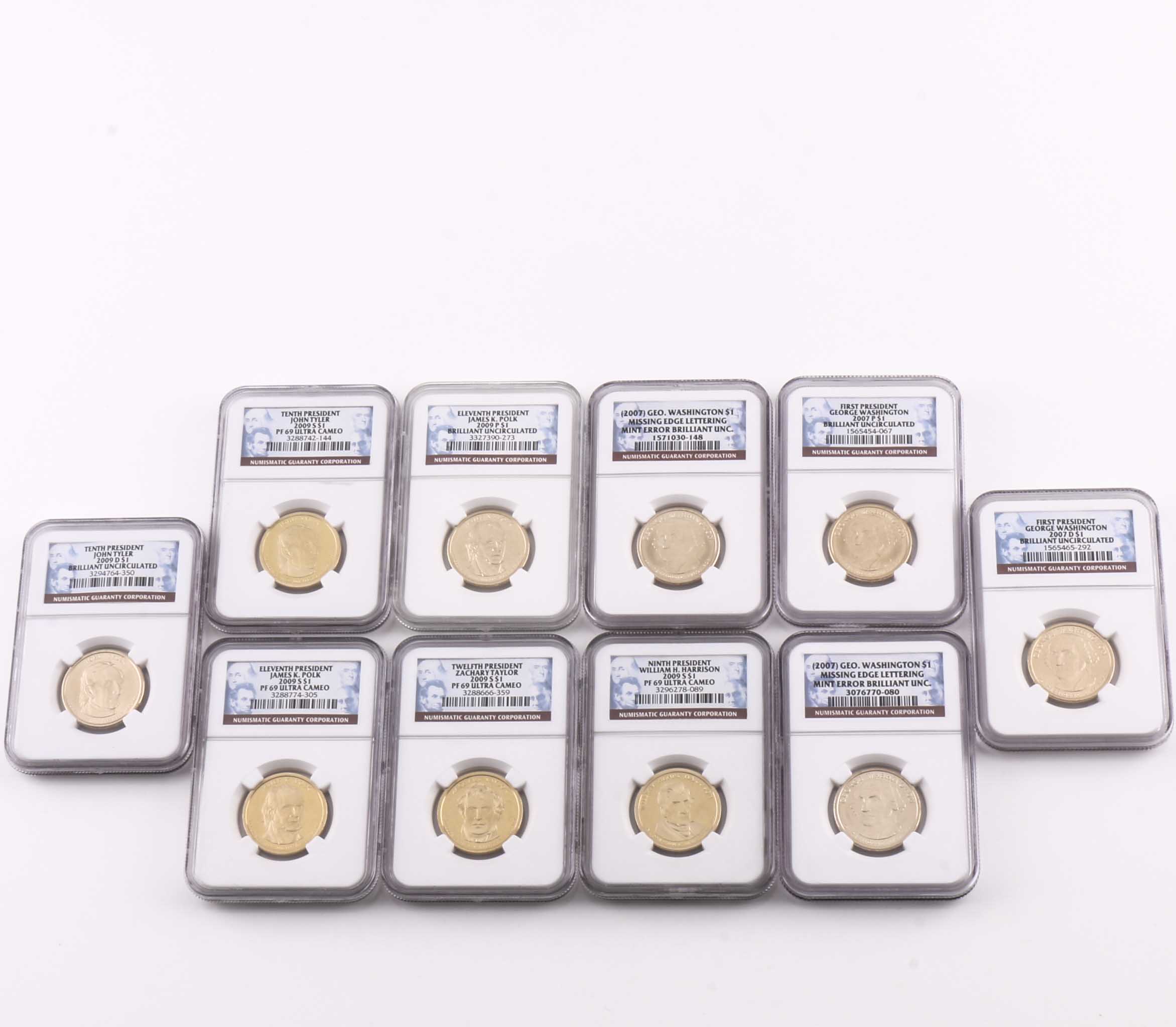 Ten Graded Presidential One Dollar Coins