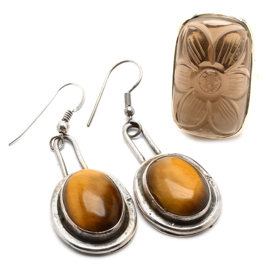 Sterling Silver Smoky Quartz Ring and Tiger's Eye Earrings