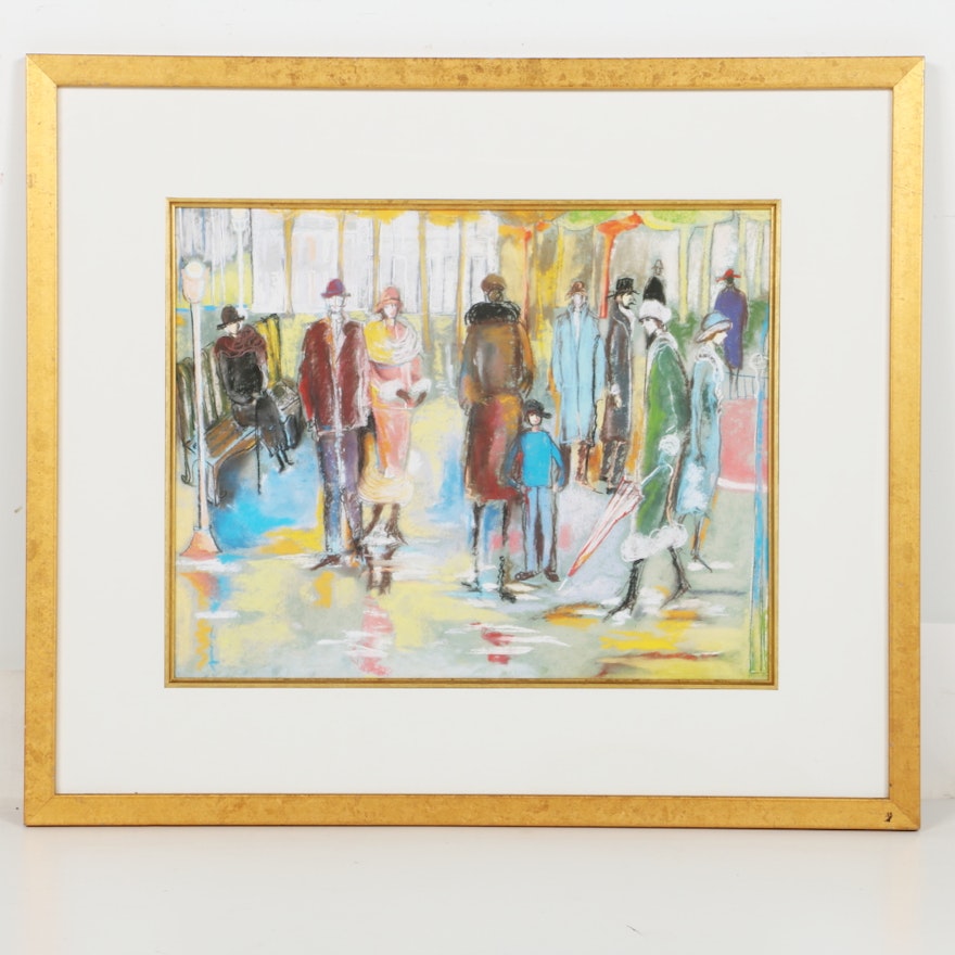 Framed Unsigned Offset Lithograph of Street Scene with Figures