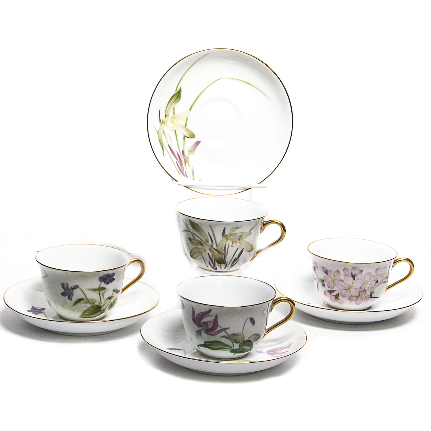 Okura "Beautiful Flowers of Japan" Tea Cups and Saucers
