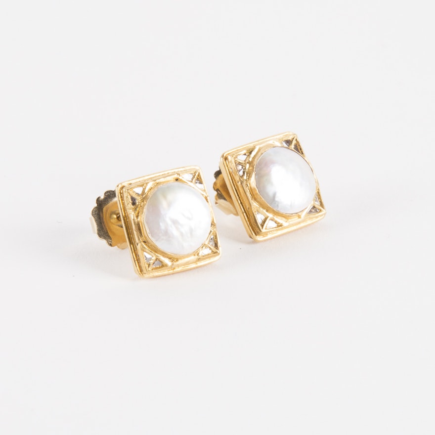 Square 18K Gold Mabe Pearl and Diamond Earrings