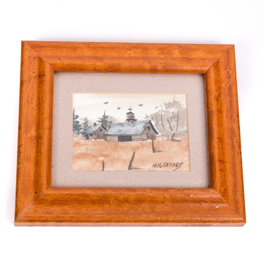 M. H. Jacobs Miniature Watercolor Painting of Barn