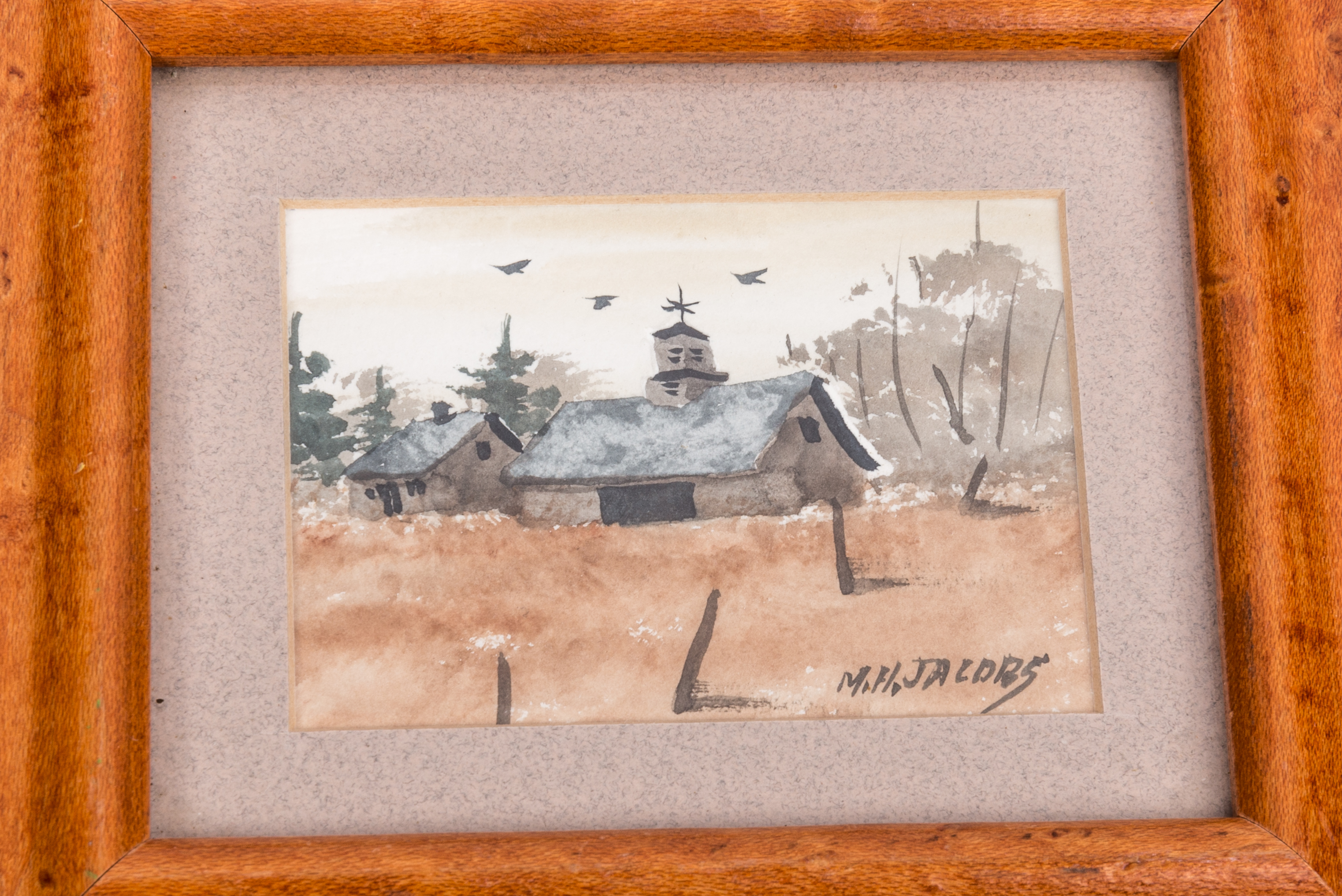 M. H. Jacobs Miniature Watercolor Painting of Barn