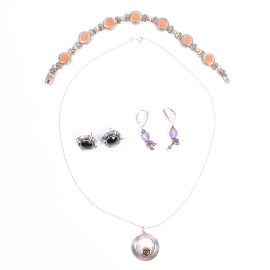Sterling Silver Necklace, Bracelet, and Ortak Earrings