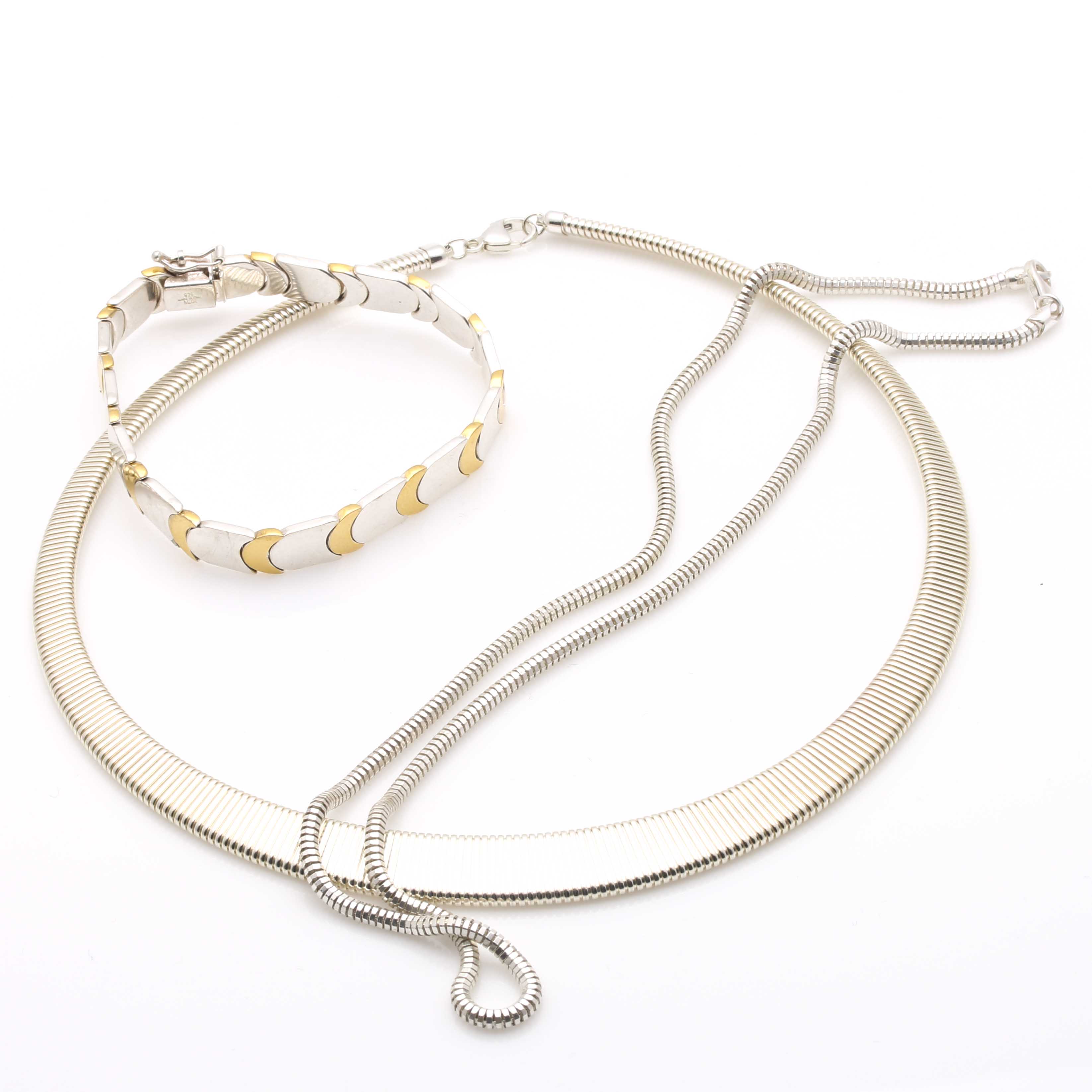 Sterling Silver Necklaces and Two-Toned Bracelet