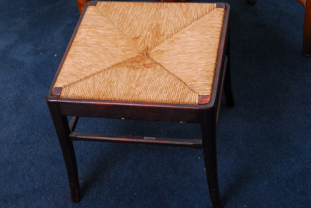 Pair of Oak Chairs and Stool With Rush Seats