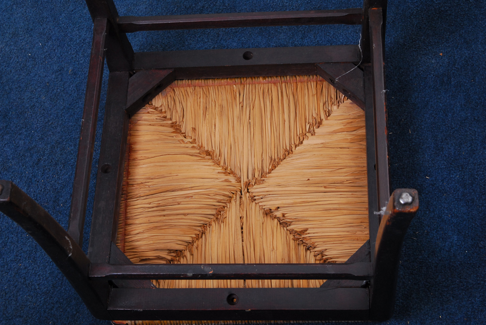 Pair of Oak Chairs and Stool With Rush Seats