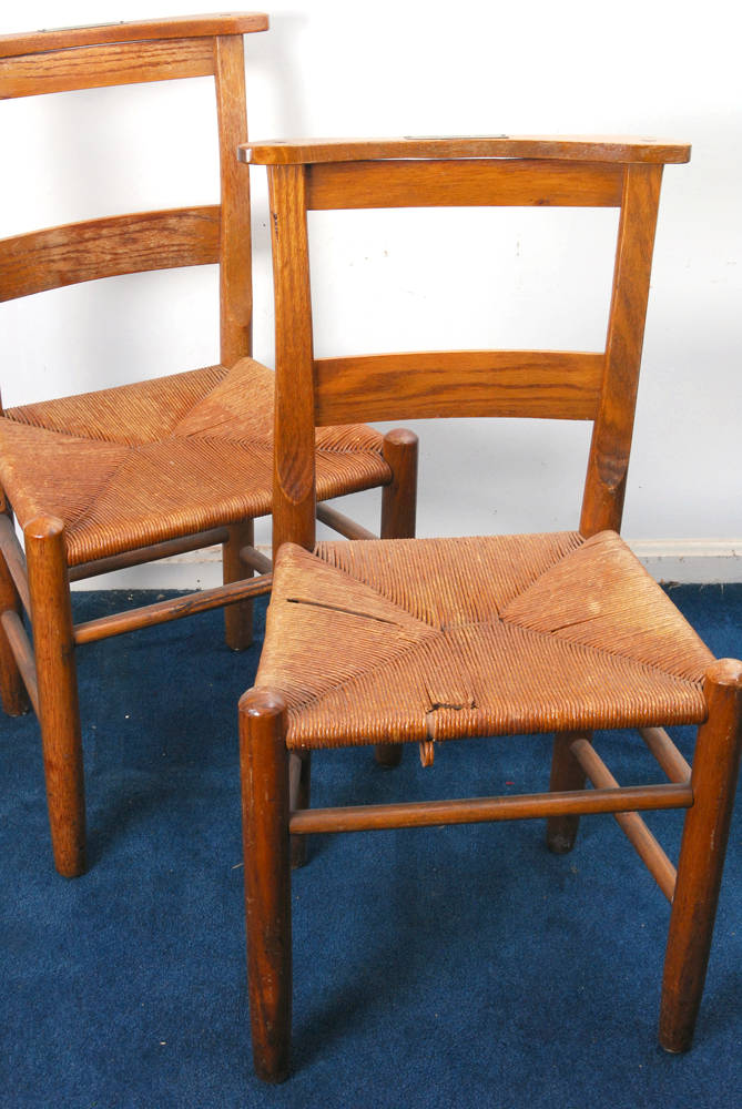 Pair of Oak Chairs and Stool With Rush Seats