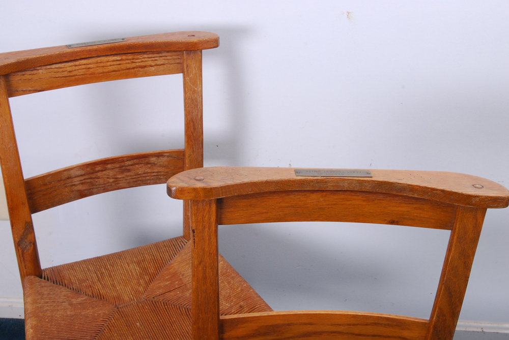 Pair of Oak Chairs and Stool With Rush Seats