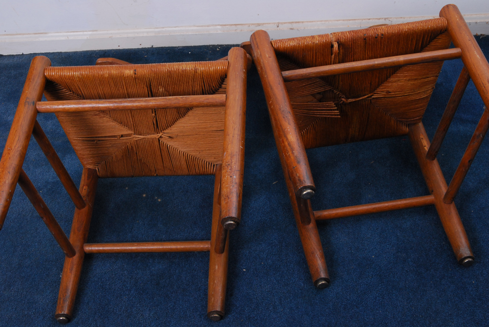 Pair of Oak Chairs and Stool With Rush Seats
