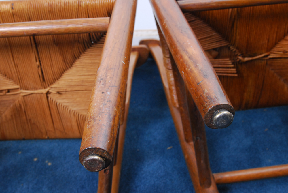 Pair of Oak Chairs and Stool With Rush Seats