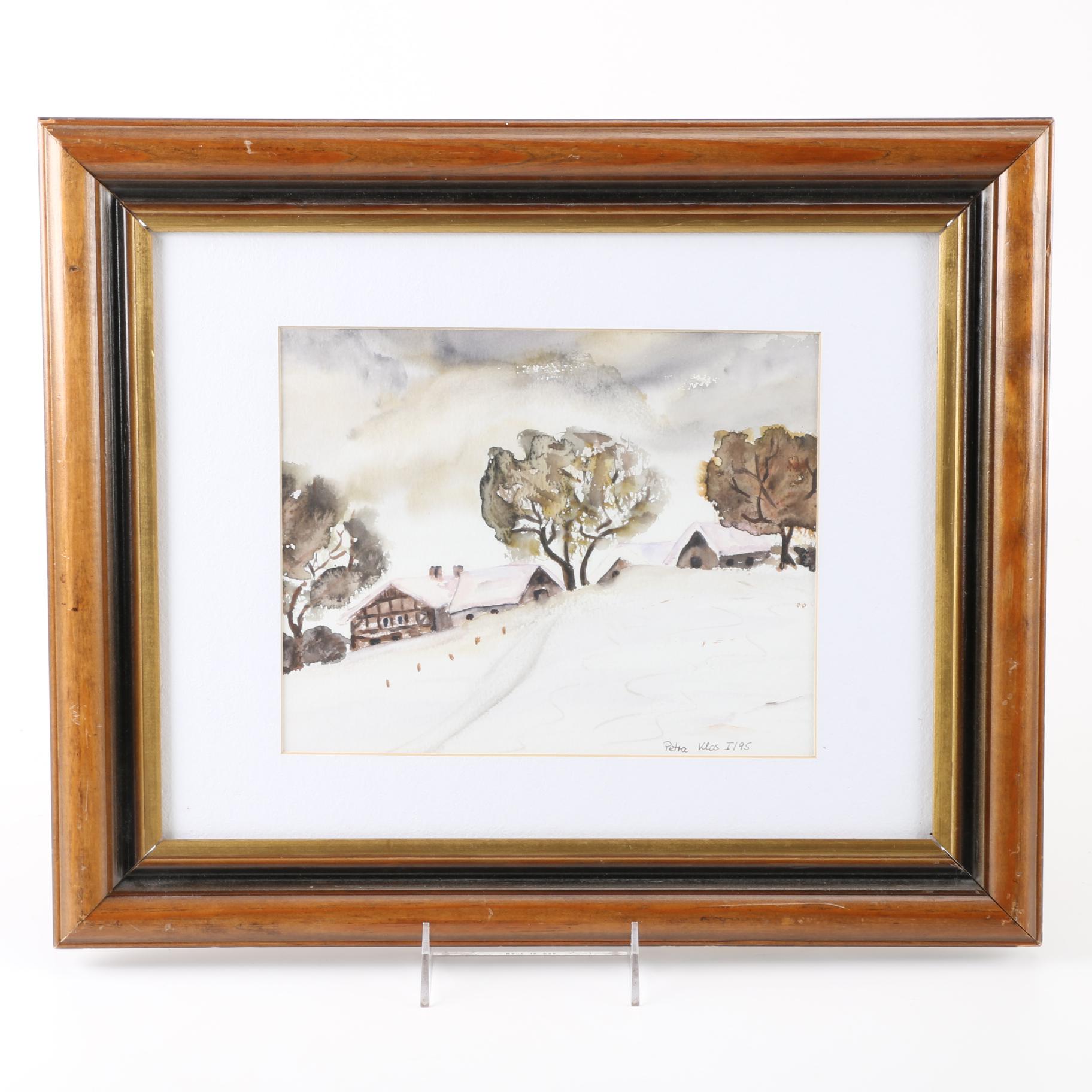 1995 Petra Klas Watercolor of a Winter Landscape