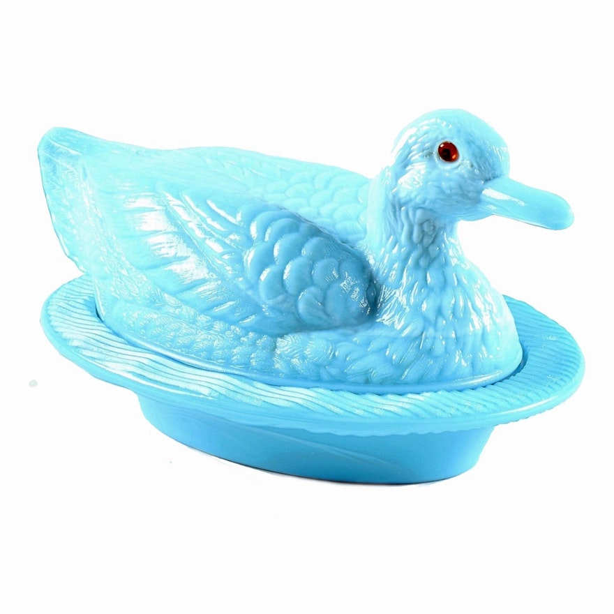 Vintage Westmoreland Turquoise Glass Duck Covered Dish