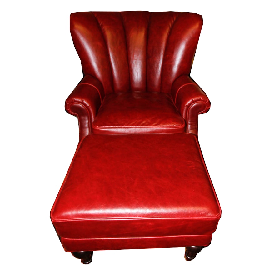 Red Leather Channel Back Armchair and Ottoman