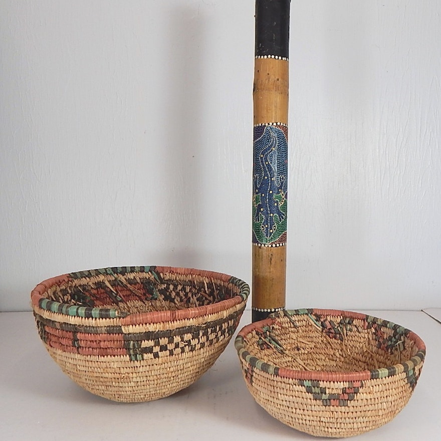 Two African Woven Basket Bowls and Rain Stick