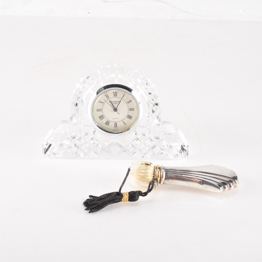 Sterling Silver Vial and Small Waterford Clock