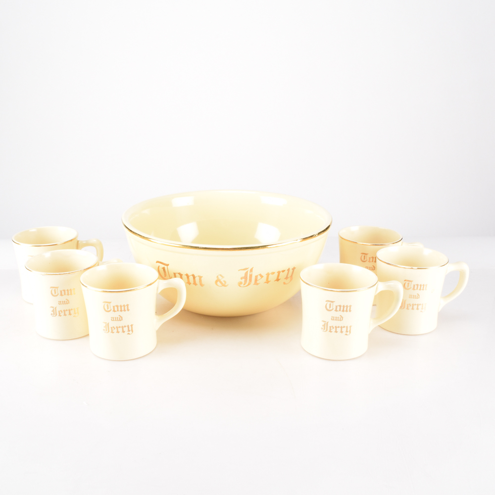 Homer Laughlin "Tom and Jerry" Punch Bowl and Mugs
